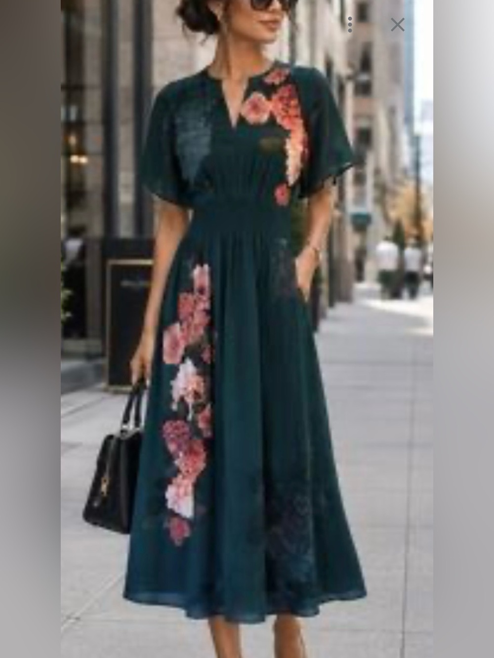Dark Teal Floral Midi Dress with V-Neck and Flutter Sleeves